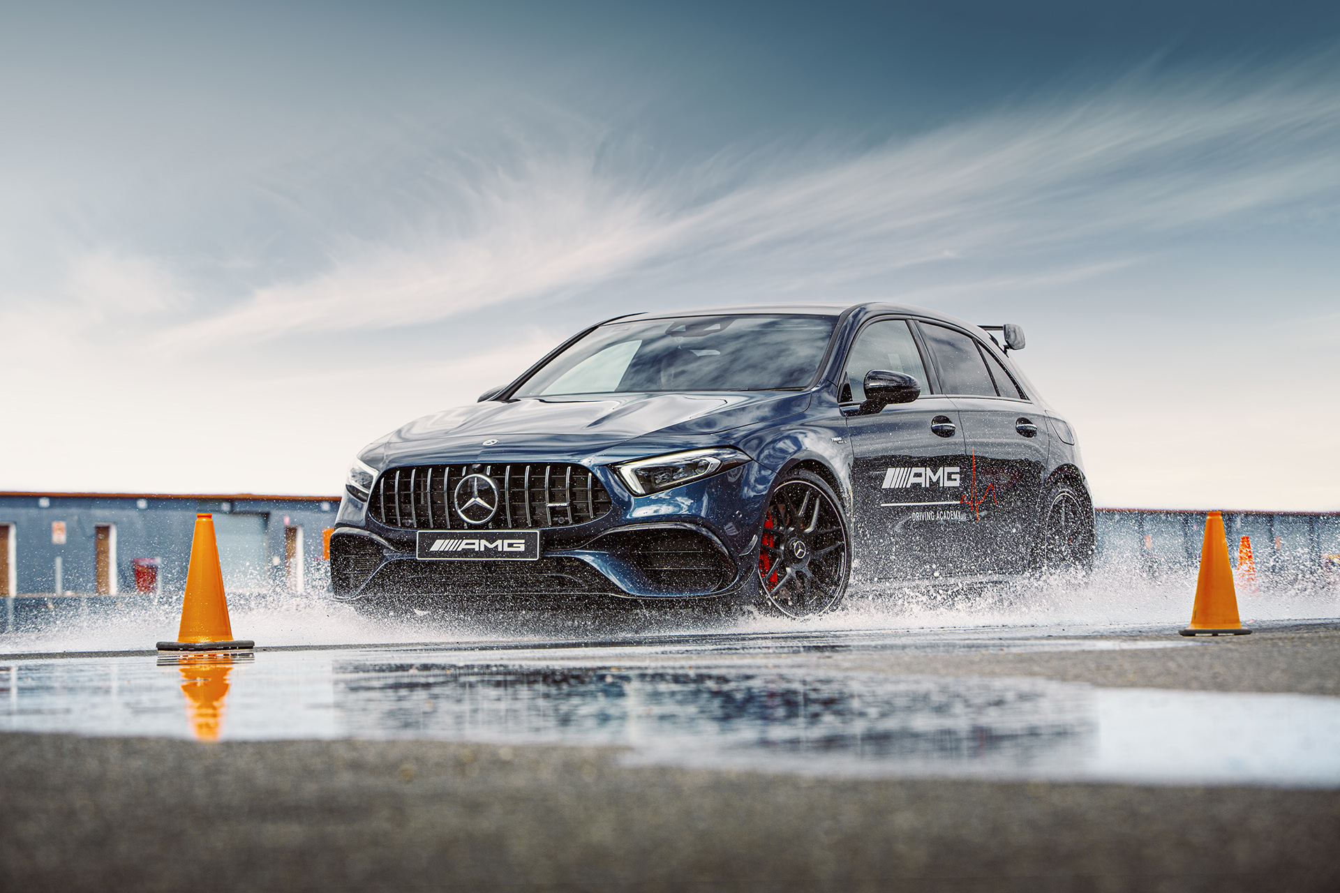 retouched image of mercedes on skid pan