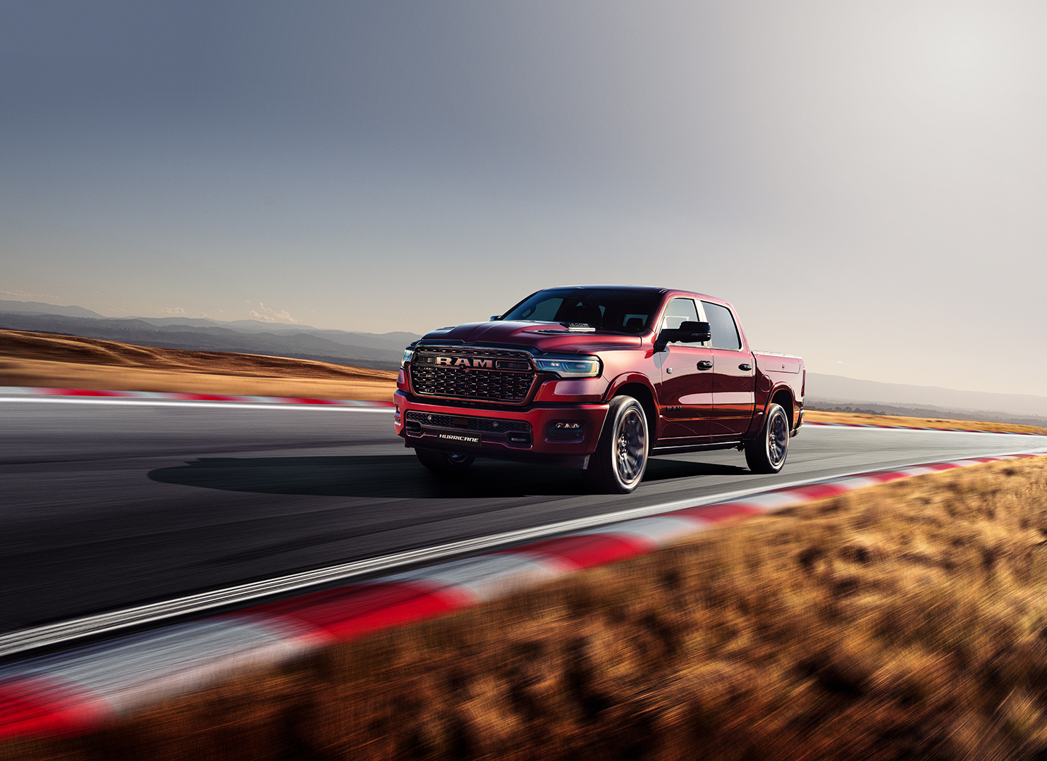 retouched image of a RAM 1500 on a racetrack
